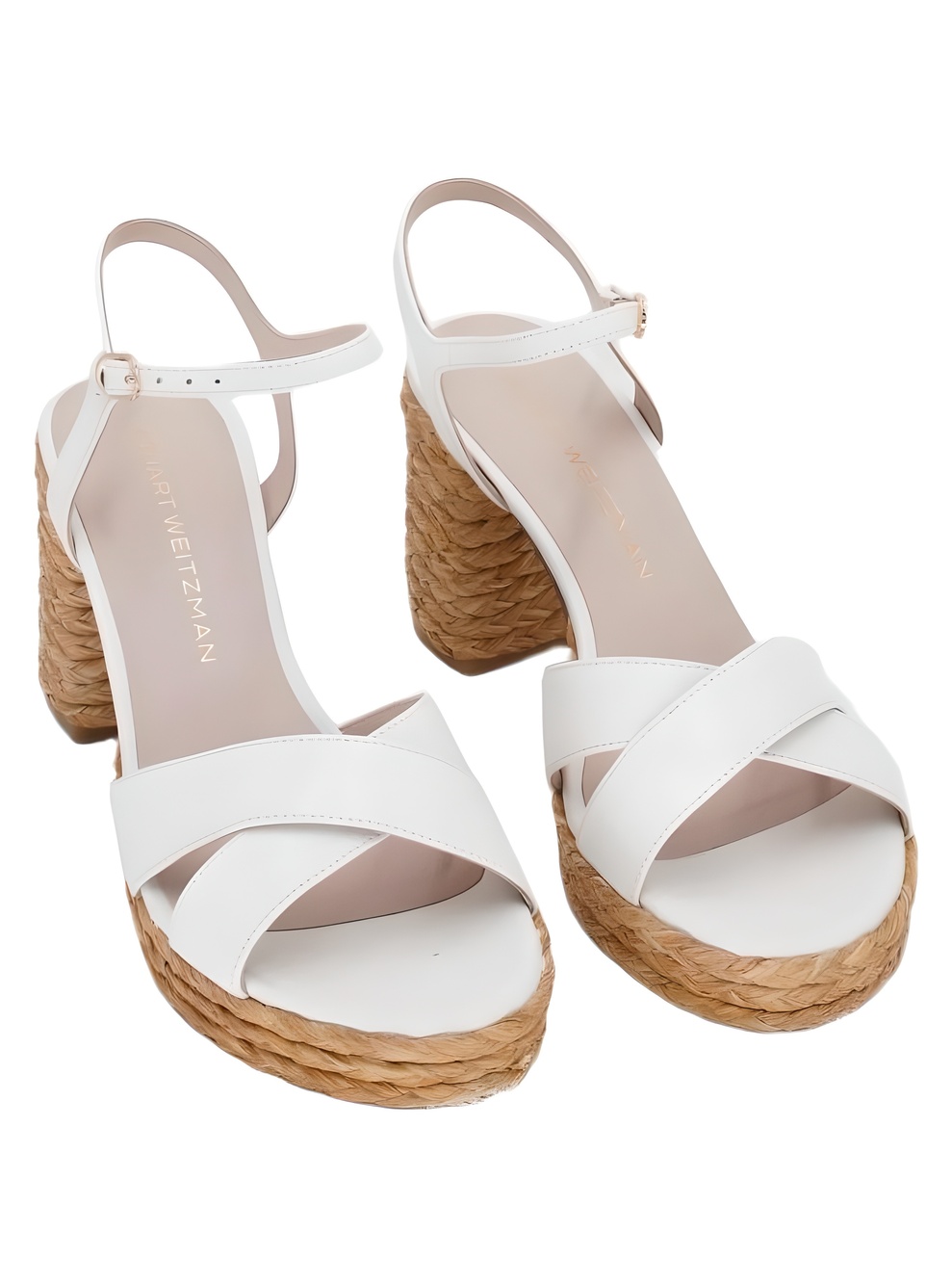 Stuart Weitzman Dayna Platform 80 Cream Leather Raffia Wedge Sandals Size 8.5B